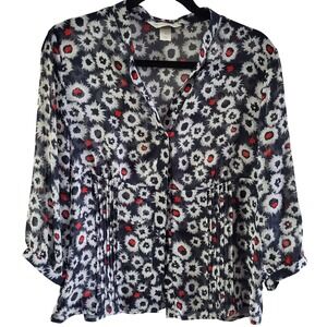 Christopher & Banks Petite Sheer Floral Print Blouse Top Navy Red White Size PL